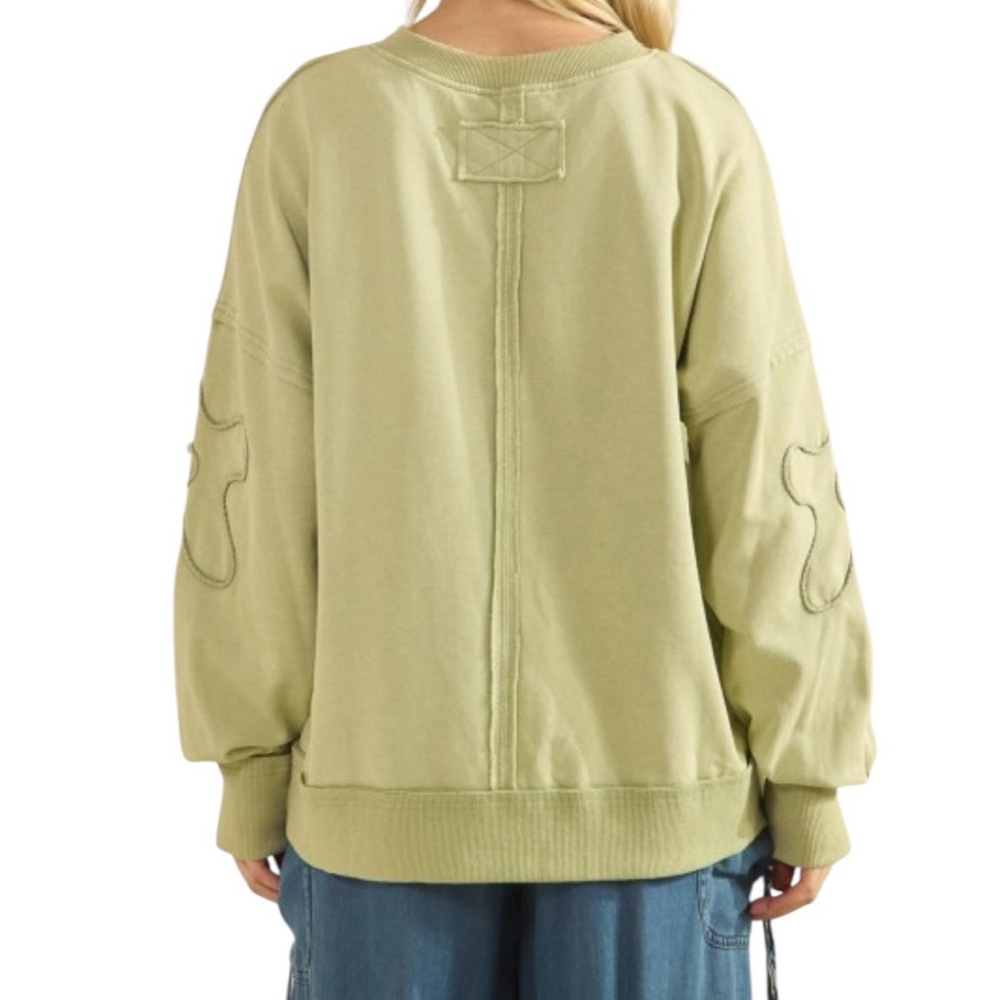 T108 - Sage + Fig Embroidered Floral Sleeve 💯 Cotton Relax Fit Crewneck, Sage - Picture 3 of 4